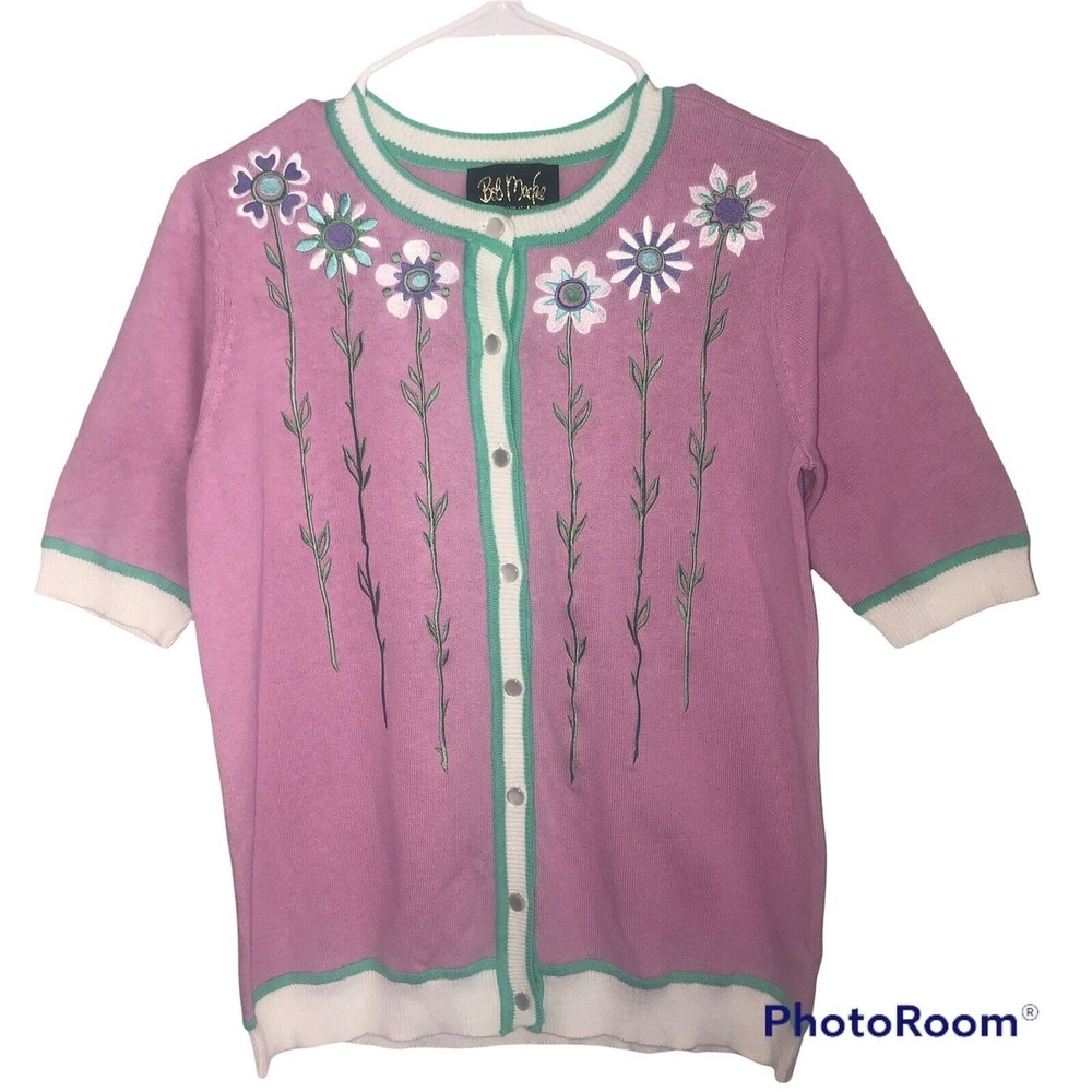 Bob Mackie Wearable Art Pink Floral Short Sleeve Spring Cardigan Sweater K14